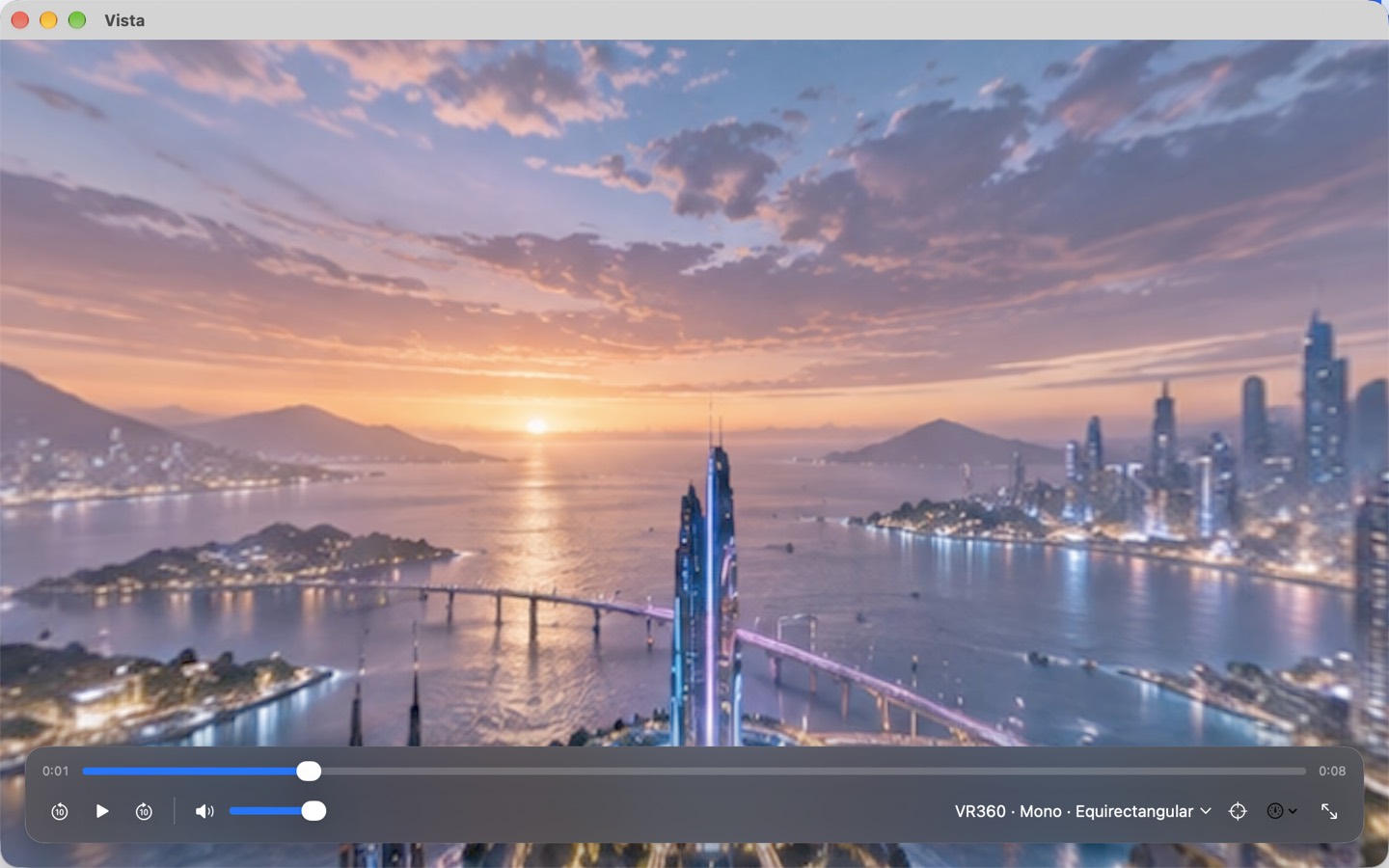Vista playing a VR360 city video in a Mac window, with playback and format controls visible